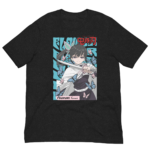 A black t-shirt features an illustration of a character holding a sword surrounded by blue and pink butterflies against a light blue background with the name Tsuyuri Kanroji displayed prominently.