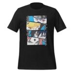 A black t-shirt features a design of four intense characters' eyes in a stacked arrangement with vibrant backgrounds showcasing their distinct features and expressions embodying a dynamic anime style. Text in Japanese appears alongside.