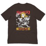 A black t-shirt displays a stylized character holding a sword surrounded by swirling elements with bold Japanese text above and below the image featuring the name Kyojuro Rengoku.