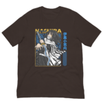 A brown t-shirt features an illustrated character holding a sword with an intense expression wearing a patterned outfit with text on the side that reads HASHIRA and 伊黒小芭内