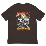 A black t-shirt displays an illustrated character with long blond hair and a sword  surrounded by swirling elements. Red and yellow text includes Japanese characters and "Kyujiro Rengoku."