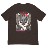 A dark brown t-shirt features a graphic design of a powerful creature with a pig-like face and crossed arms surrounded by swirling patterns and Japanese text prominently displayed at the top.