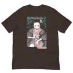 A black t-shirt features an illustration of a character with long hair and a serious expression wearing a kimono and holding a bamboo muzzle against a colorful background. Text includes "KAMADO NEZUKO" and additional Japanese characters at the bottom.