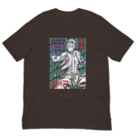 A brown t-shirt features an illustrated character with spiky hair and a muscular build performing a dynamic pose surrounded by stylized text that reads Upper Moon and other Japanese characters.