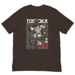 A brown t-shirt features an illustration of a character holding a sword amidst swirling green and black patterns with Japanese text and art style reflecting a dramatic action context.