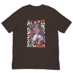 A graphic t-shirt features a colorful  stylized character in dynamic pose surrounded by abstract elements and Japanese text integrated into a bold design on a dark brown background.