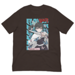 A black t-shirt features an illustration of a sword-wielding character surrounded by blue butterflies set against a light blue background with Japanese text and the name Tsuyuri Kanawo prominently displayed.