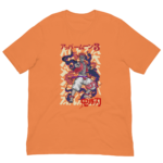 A vibrant orange t-shirt displays a dynamic illustration of a muscular character in a dramatic pose surrounded by colorful flames and artistic elements featuring Japanese text and symbols.