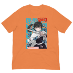 A bright orange t-shirt features a character holding a sword surrounded by butterflies the character has dark hair and a determined expression with Japanese text above and below the image.