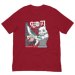 A red t-shirt displays two stylized anime characters holding swords in a dynamic pose. Text includes "DEMON SLAYER" and "BEAST BREATHING" alongside decorative elements and character names in Japanese.