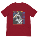 A red t-shirt displays a stylized character wielding a katana with a scarf and striped clothing surrounded by graphic elements and text including the word "HASHIRA" and Japanese characters.