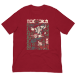 A red t-shirt features an illustration of a character holding a sword surrounded by stylized green patterns and Japanese text elements indicating the character's name and role in a series.