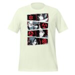 A light-colored t-shirt features a graphic design with four panels showcasing characters from a popular series  highlighted with red and black colors and distinctive symbols associated with each character.