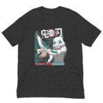 A dark gray t-shirt features two animated characters from Demon Slayer holding swords. One character is muscular with a boar mask while the other appears more humanoid with distinct features.