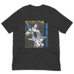 A character wielding a sword is posed dramatically on a dark t-shirt. They wear a striped cloak and have long hair  with a skull accessory visible. Text includes "HASHIRA" and Japanese characters.