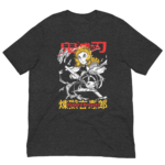 A dark gray t-shirt features a character holding a sword surrounded by swirling elements with bold text above and below highlighting the character's name and series.