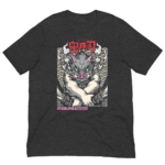 A dark gray shirt features a central graphic of a stylized creature with a pig-like face and sharp teeth sitting with crossed arms surrounded by swirling patterns and Japanese text above and below the image. The text reads: "炭治郎" and "鬼滅の刃." Below  it names "Kibutsuji Muzan" and "Hashibira Inosuke."