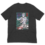 A dark gray t-shirt features an illustrated character with blue stripes and a muscular build posing with one hand raised against a backdrop of the words Upper Moon in green and red text.