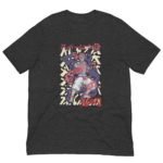 A graphic t-shirt features a colorful character with swirling  nebulous forms surrounding it. The character is in a dynamic pose  implying action against a neutral background. Text in Japanese is present.