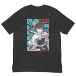 A dark gray t-shirt features a stylized character wielding a sword surrounded by blue and pink butterflies with text indicating the character's name Tsuyuri Kanao and related artwork elements.