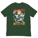 A green t-shirt features a character holding a sword amidst swirling effects with Japanese text above and below presenting the character's name and title in a bold design.