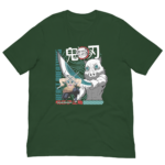A green t-shirt features two stylized characters from an anime brandishing weapons. One character has an animal mask and the other is muscular. Text includes "DEMON SLAYER" and "BEAST BREATHING".