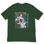 A green t-shirt features a character wielding a katana with a skull in hand  dressed in a striped outfit and scarf  framed with Japanese text and artistic elements.