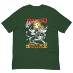 A green t-shirt features a dynamic illustration of a character wielding a sword amidst swirling elements with Japanese text above and below displaying titles related to the character.