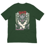 A green t-shirt features a graphic of a stylized animal with a fierce expression and crossed arms against a wave pattern background. Text above and below includes Japanese characters and a name.