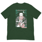 A dark green t-shirt features an illustration of a girl with long hair wearing a kimono. She holds her hands out with a determined expression against a dynamic background. The text reads "かまどねずこ" and "きめつのやいば".