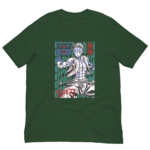 A green t-shirt features a graphic of a character with blue and white markings extending arms in a striking pose against a background filled with repeated text phrases such as "UPPER MOON"