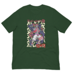 A green t-shirt features a colorful graphic of a character with swirling patterns around them and Japanese text that includes アッパーテン3 and 思願 on a beige background.