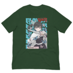 A green T-shirt features an illustration of a character wielding a sword surrounded by colorful butterflies with text Tsuyuri Kanawo above the image and decorative accents in the background.