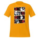 A yellow T-shirt displays four panels featuring illustrated characters with distinct hairstyles and expressions each surrounded by a decorative outline and symbols associated with them creating a vibrant graphic design.