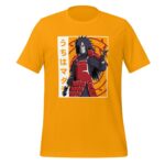 A yellow t-shirt features an illustration of a character with spiky hair and a red outfit gesturing confidently against a background of red circles and text in Japanese.