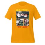 A yellow T-shirt features a graphic design with four illustrated panels depicting characters with various expressions and actions surrounded by Japanese text at the top and bottom.