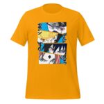 A yellow t-shirt features a graphic design with four stylized characters' faces arranged in stacked rectangles showcasing intense expressions against a blue background with Japanese text.