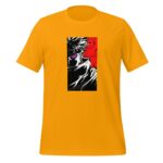 A yellow t-shirt features a graphic of a character's partially obscured face with a prominent purple eye surrounded by black and red colors  suggesting an intense atmosphere.