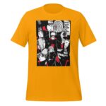 A yellow t-shirt displays a black and white graphic featuring multiple anime characters in various poses with red accents illustrating their expressions and actions against a contrasting background.