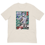 A beige t-shirt features a stylized character with blue markings in an action pose. The background includes repeated text stating "UPPER MOON" in green and red accents.