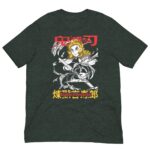 A green t-shirt features a dynamic illustration of a character wielding a sword enveloped in swirling flames with Japanese text above and below the image showing the character's name and title.