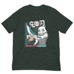 A dark green t-shirt features two stylized anime characters with weapons showcasing a fierce expression while surrounded by decorative elements including the text Demon Slayer and Beast Breathing.