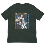 A dark green t-shirt features an illustrated character holding a sword with a flowing scarf and striped clothing surrounded by graphic patterns and Japanese text displaying the name Hashira and 伊黒小芭内.