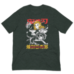 A black t-shirt features a colorful graphic of a character wielding a sword with swirling effects a red title above and a yellow text below display the name Kyōjurō Rengoku