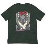 A dark green t-shirt features an illustrated design of a mythical creature with a pig-like face and claws sitting with arms crossed against swirling patterns and text above and below. Text includes "鬼殺刀" and "HASHIBIRA".