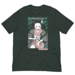 A shirt features a character with long hair wearing a kimono and a mouthpiece holding a determined expression surrounded by a vibrant background with stylized designs and Japanese text.