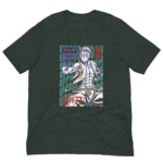 A graphic t-shirt features an animated character striking a pose amidst colorful text including phrases like Upper Moon and Akuma in a stylized background.