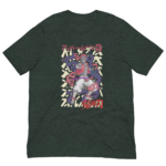 A graphic t-shirt features a colorful illustration of a muscular character surrounded by swirling purple and pink shapes with Japanese text above and below the character inside a patterned background.