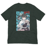 A graphic t-shirt features a character wielding a sword surrounded by blue and pink butterflies the character has long dark hair and a confident expression text reads Tsuyuri Kanawo