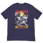 A black t-shirt features a stylized character wielding a sword with swirling flames. The design includes Japanese text that reads Kyōjurō Rengoku along with bold red and yellow accents.
